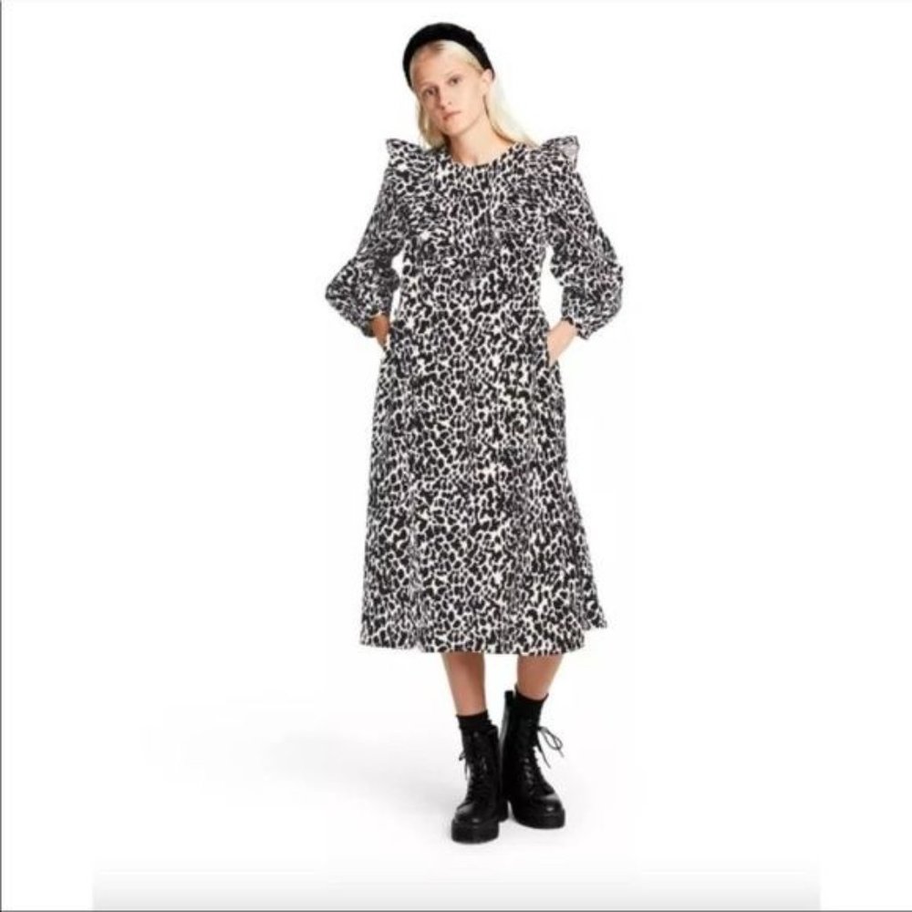 Sandy Liang x Target Leopard Print Long Ruffle Sleeve Midi Dress Plus Size NWT - Picture 12 of 15
